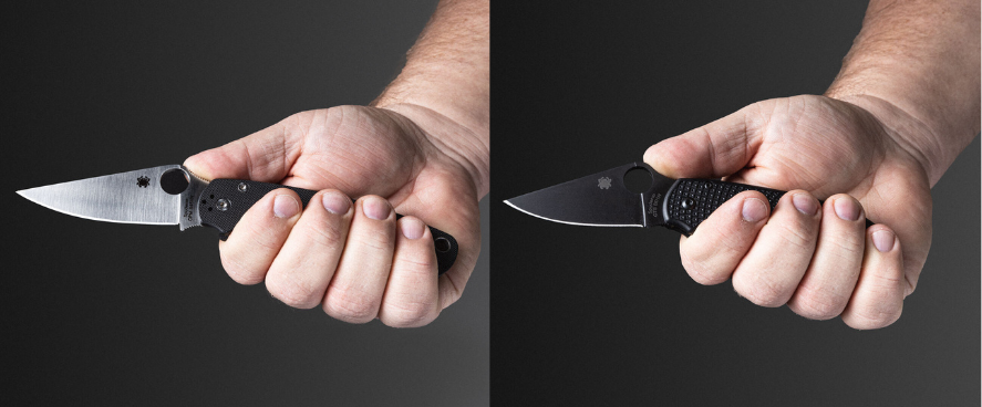 Two images side by side of a man holding a Spyderco Paramilitary 2 and a Para 3 Lightweight.