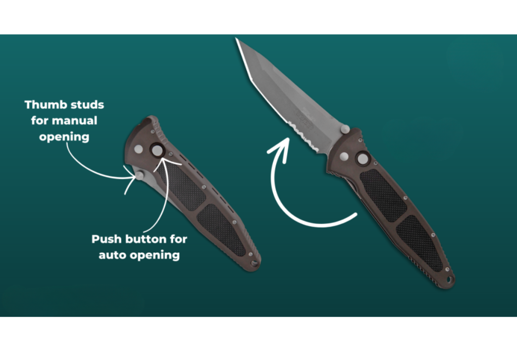 An old dual-action automatic/manual knife with a thumb stud and push-button opener.