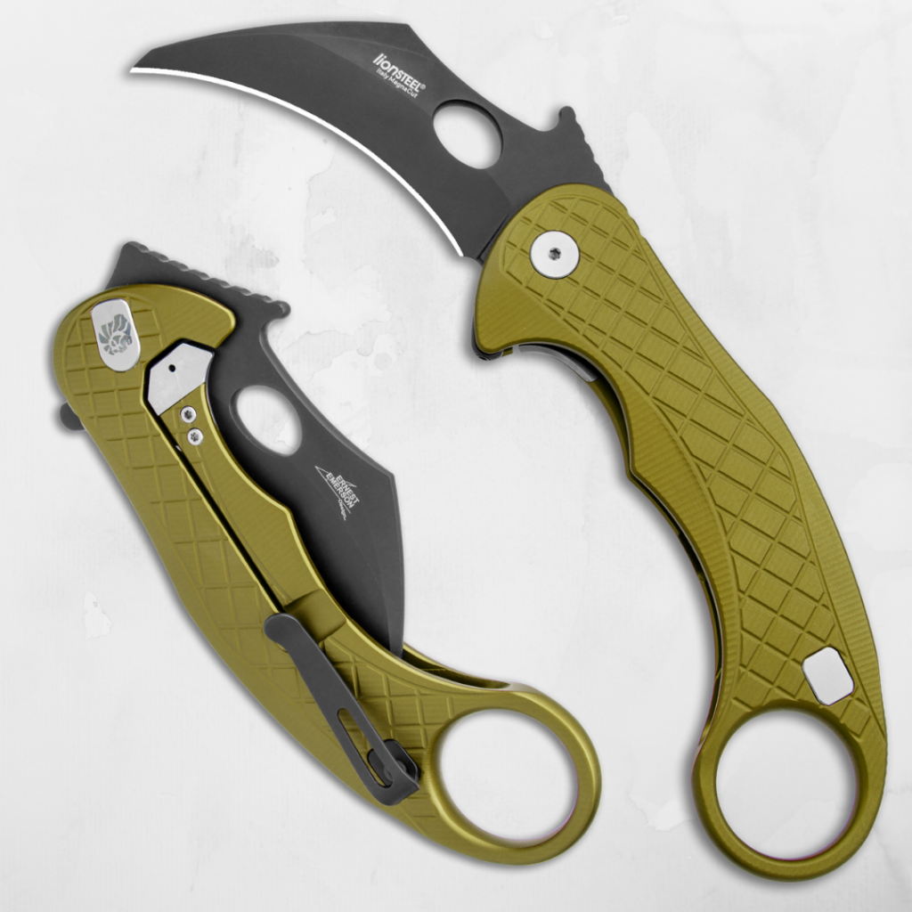 Two LionSteel L.E.One karambit knives with the Emerson Wave opener. One is open, the other is closed.