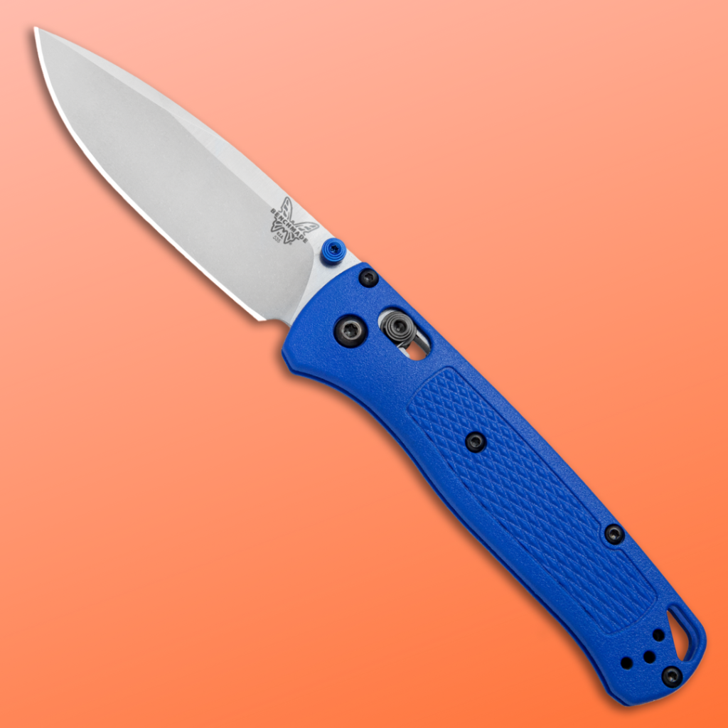 Benchmade Bugout folding knife with a blue handle