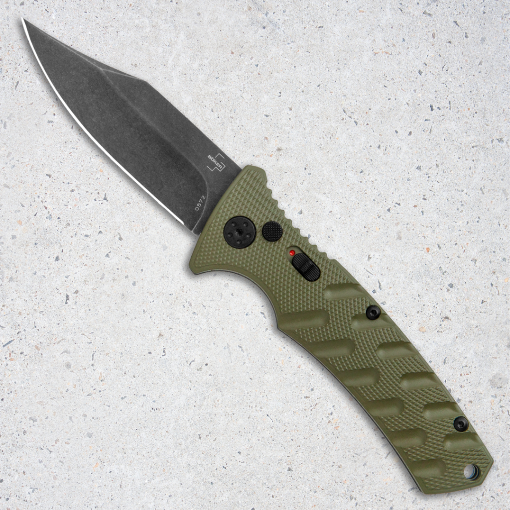 Boker Strike automatic knife with an OD green handle