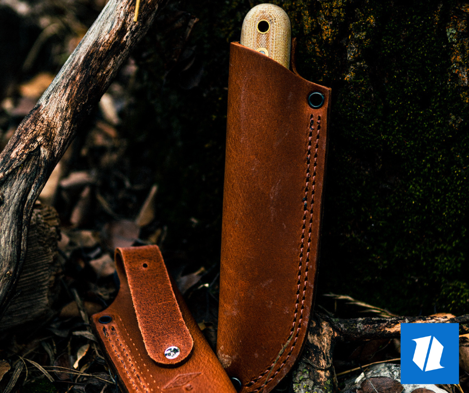 Battlehorse Knives leather sheaths with branches and leaves.