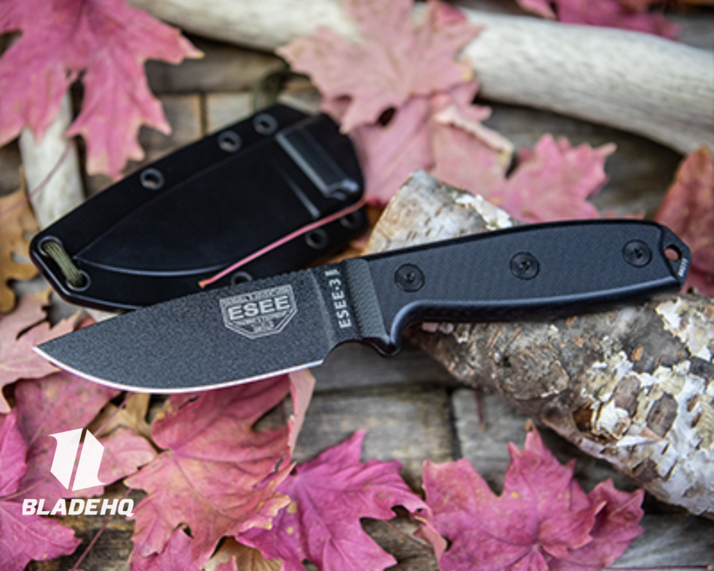 ESEE fixed blade knife and sheath on a birch trunk with red leaves.