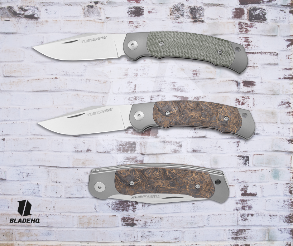 Viper Twin knives on white brick background