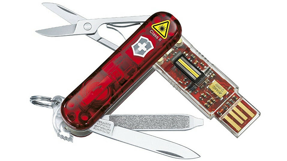 This Victorinox Swiss Flash features a blade, nail file, flathead screwdriver, scissors, USB drive, and laser pointer. 
