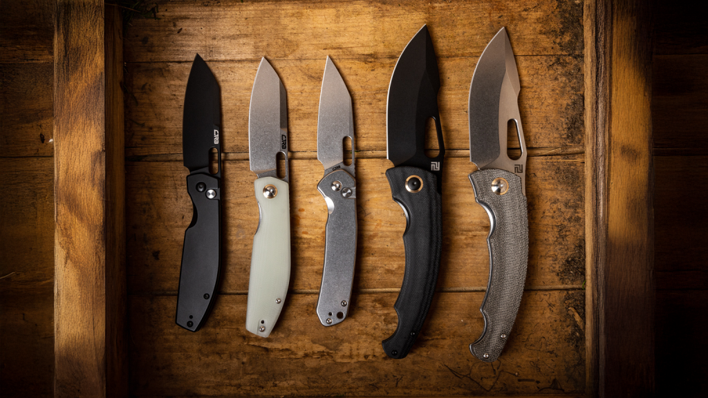 five Artisan Cutlery and CJRB knives on a wooden board