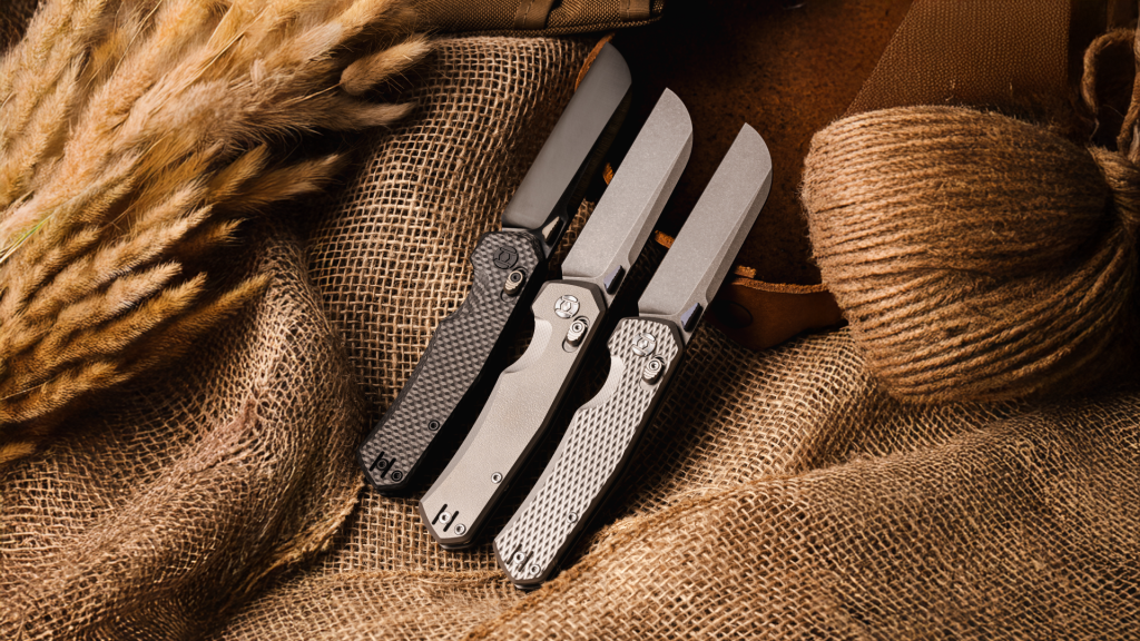 three Kunwu Chad knives resting on burlap and leather