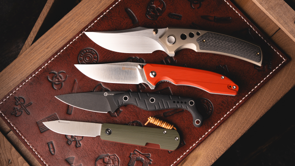 four WE and CIVIVI knives on a leather pad