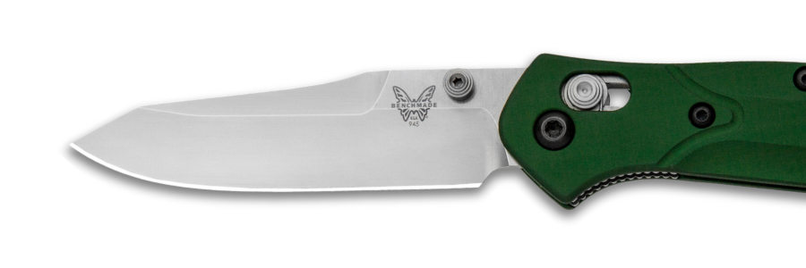 Benchmade Mini Osborne with a deep green handle and utilitarian blade.
