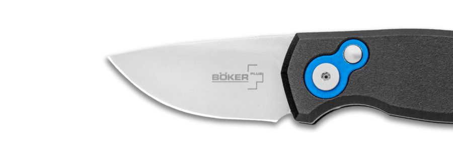 The Boker Kompakt with black handle and blue accents is ready to make an automatic impact!