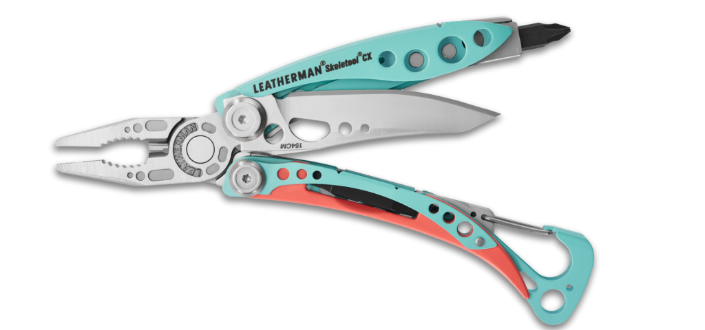 The turquoise and coral Leatherman Skeletool takes you back to basic with only the essential tools. It's lightweight, and perfect for backpacking with its carabiner.