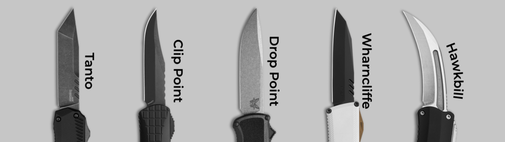 Five OTF knives: tanto, clip point, drop point, Wharncliffe, hawkbill blades (labeled)