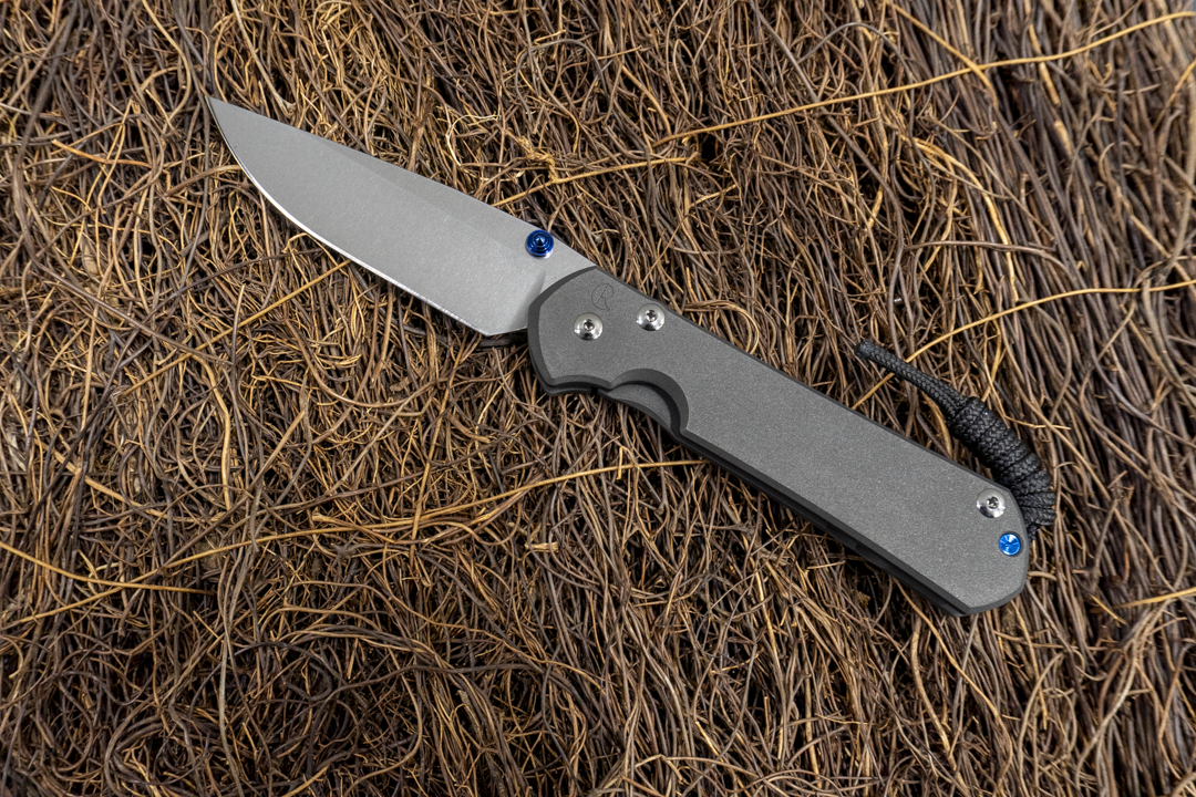 A Chris Reeve Small Sabenza 31 resting against a brown fibrous background. The knife is gray.
