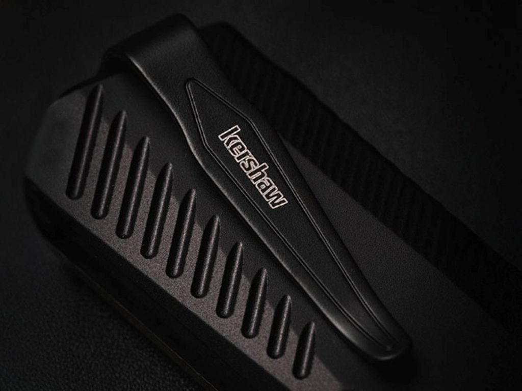A detailed closeup of the angled pocket clip.