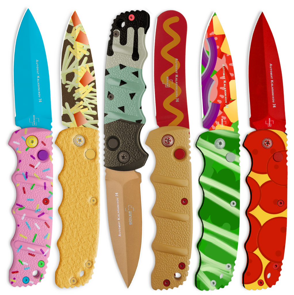 Assortment of Blade HQ's Warrior Buffet. Including the Dessert Warrior and Wiener Warrior automatic knives.