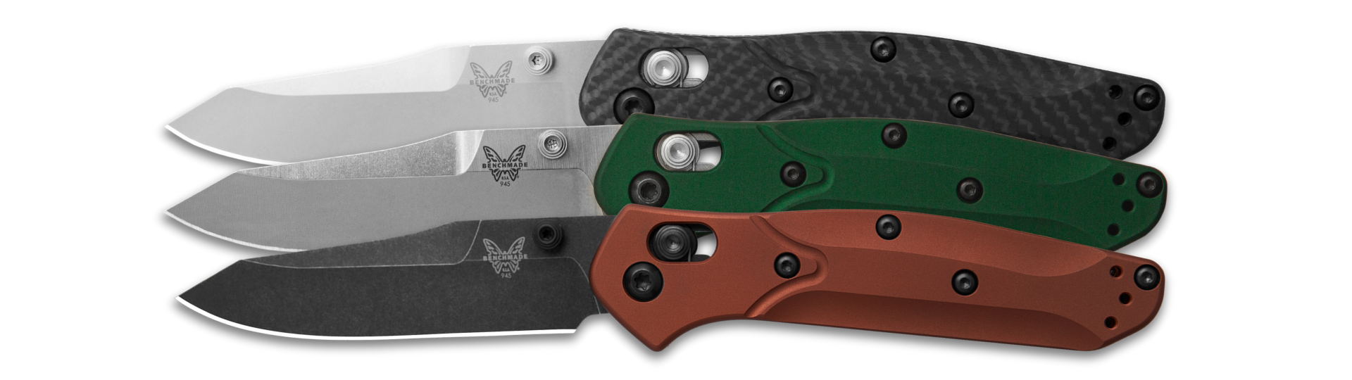 3 Benchmade Mini Osborne knives in green, burnt orange, and black carbon fiber, open and ready for heavy-duty use