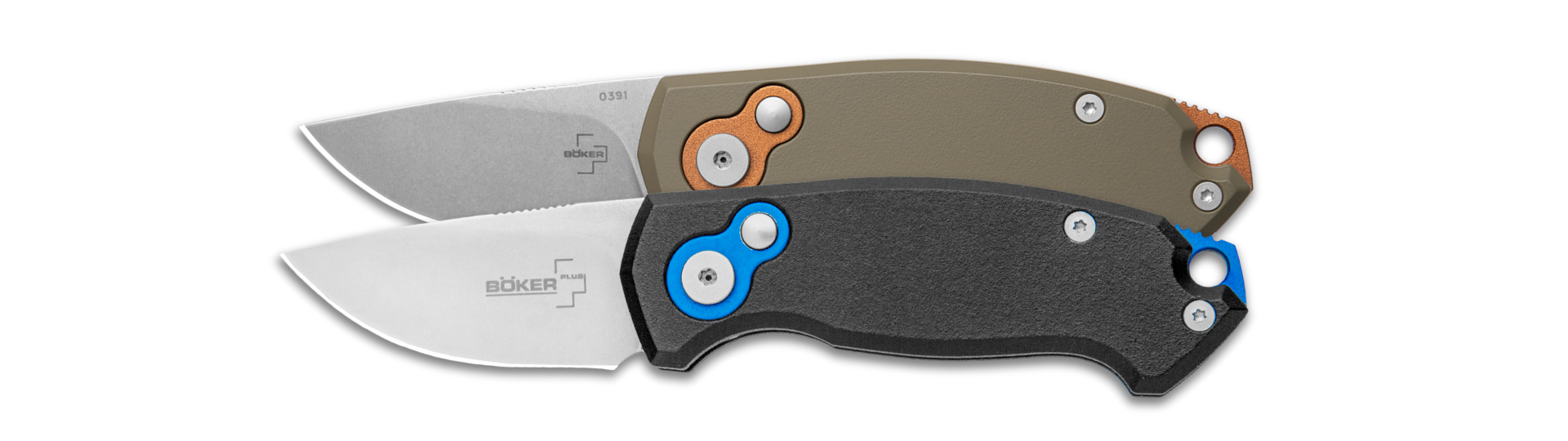2 Tactical Boker Kompakt knives, showing compact size and secure grip