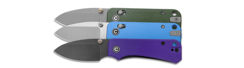 3 CIVIVI Baby Banter knives in bright blue, vibrant purple, and green micarta, open and ready to use