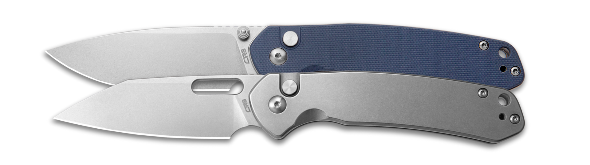 Affordable CJRB Pyrite button lock knife with stainless blade and silver steel or slate blue G-10 handles