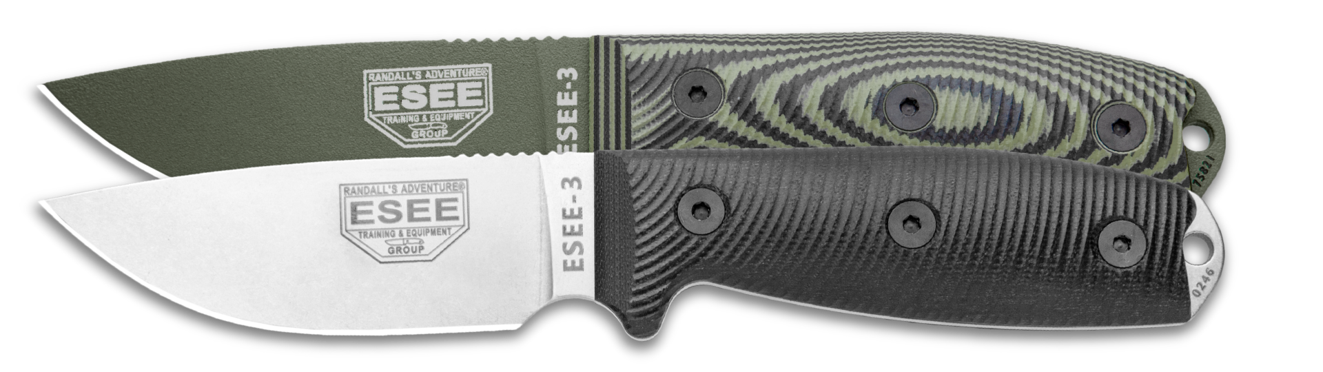 2 Rugged ESEE 3 fixed blade knives with black or green handle