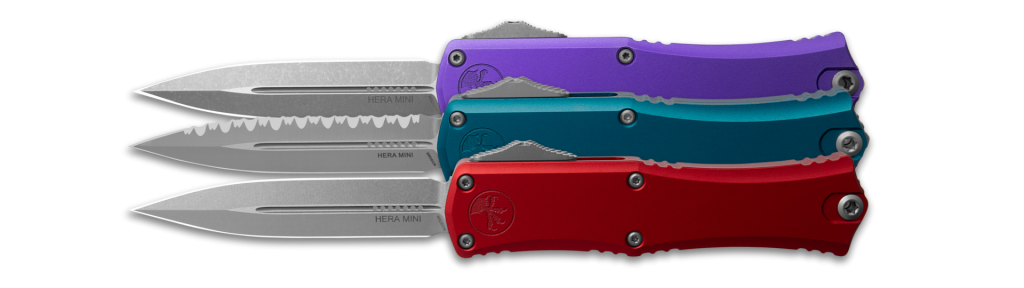 3 Premium Microtech Mini Hera OTF knives with milled handles, side view open
