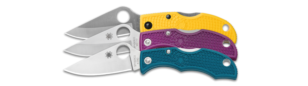 3 Compact Spyderco LadyBug knives with turquoise, purple, and yellow handles. A small and lightweight design