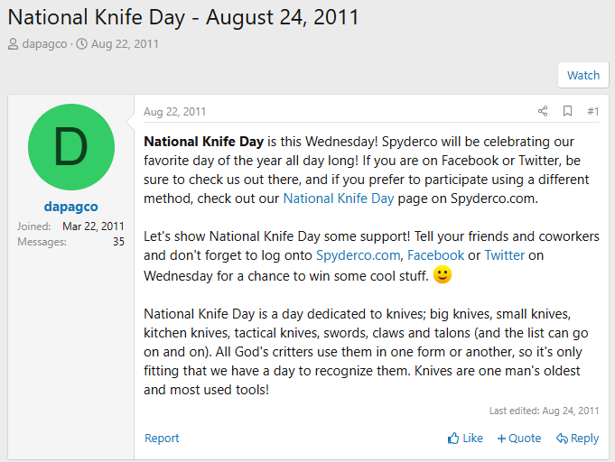 A screenshot from a BladeForums post talking about National Knife Day.