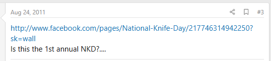 A screenshot of a BladeForums comment linking to Facebook regarding National Knife Day.
