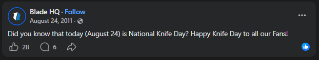 A Facebook screenshot of a Blade HQ post about National Knife Day.