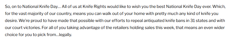 A screenshot of a Knife Rights article addressing National Knife Day.