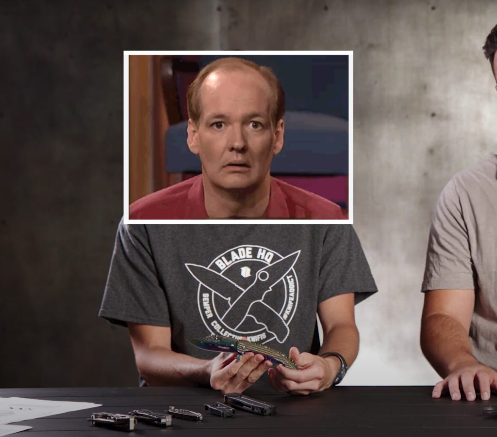 This is a picture of a man with comedian Colin Mochrie's head holding the Boker Mermaid Knife.